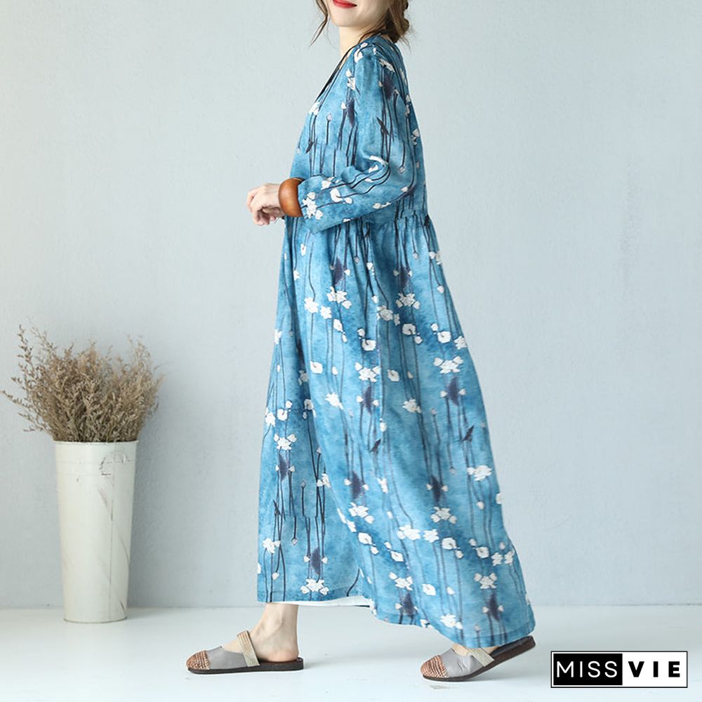 fine print linen dress Loose fitting O neck linen maxi dress boutique long sleeve maxi dresses