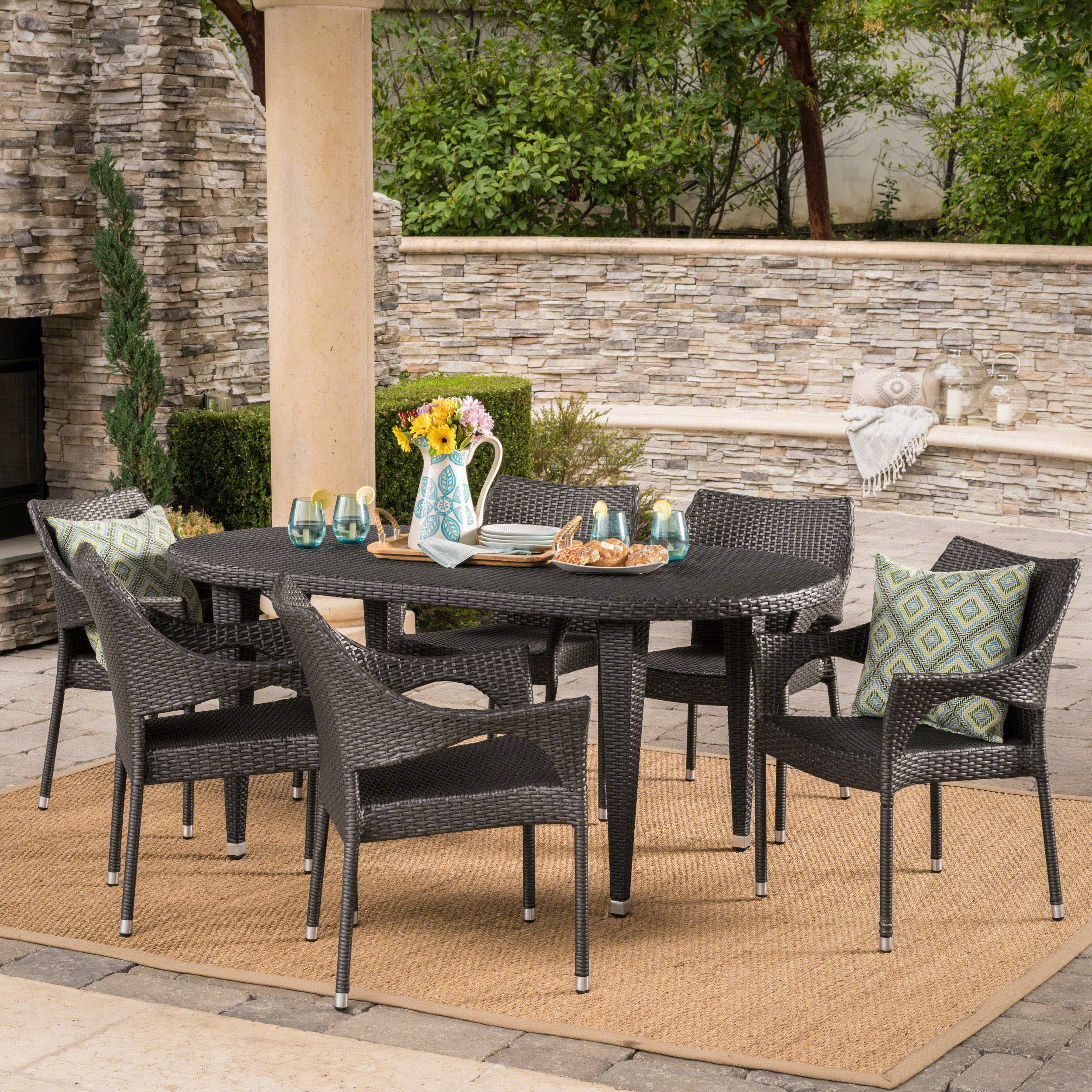 Tills Outdoor 7 Piece Gray Wicker Oval Dining Set with Stacking Chairs