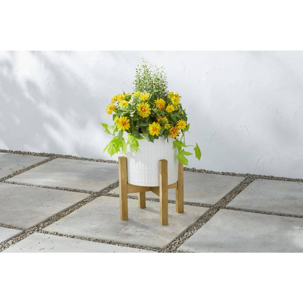 Vigoro 10 in. Corrine Medium White Ceramic Planter (10 in. D x 16 in. H) with Wood Stand CT740L-MTWH