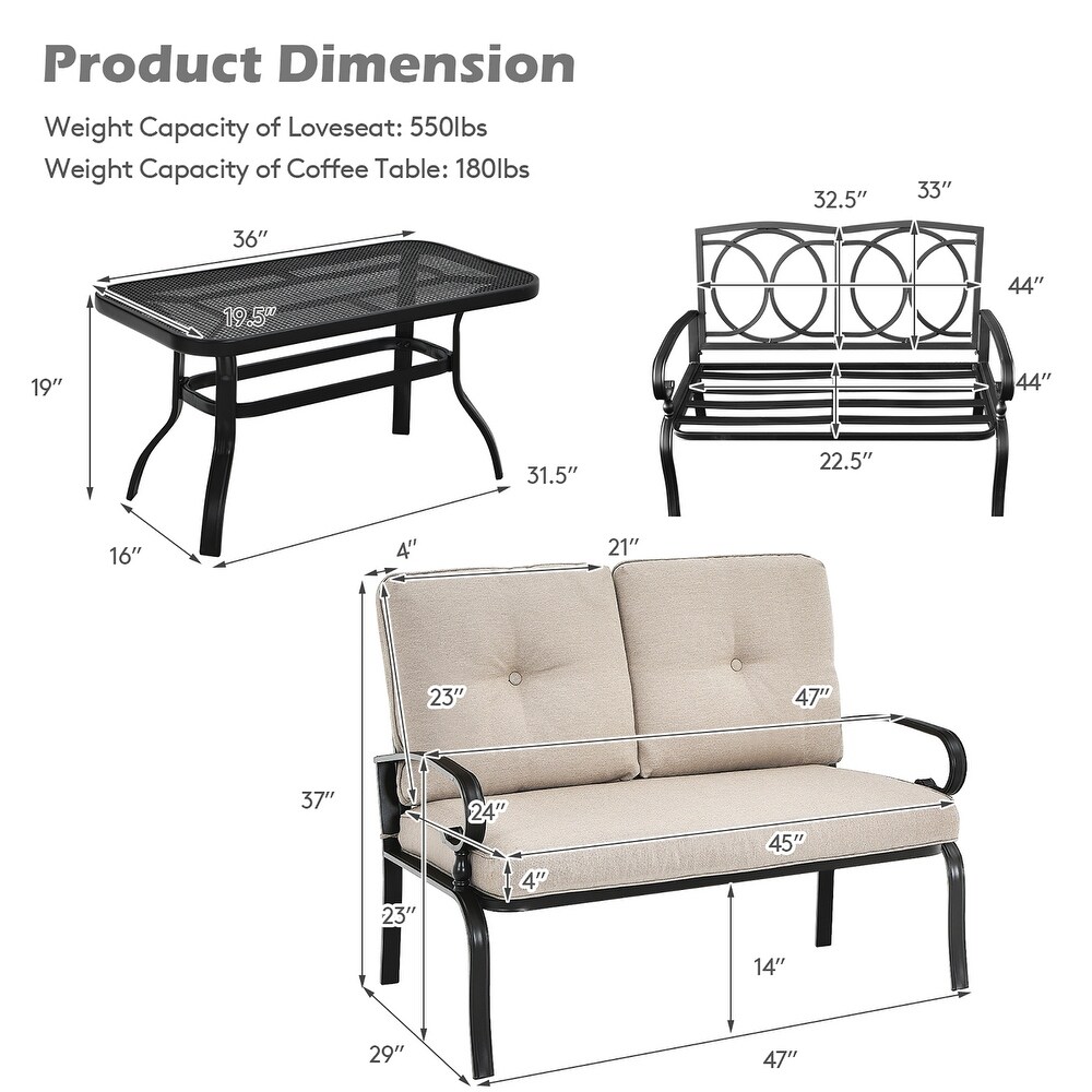 Costway 2PCS Patio Loveseat Bench Table Furniture Set Cushioned Chair