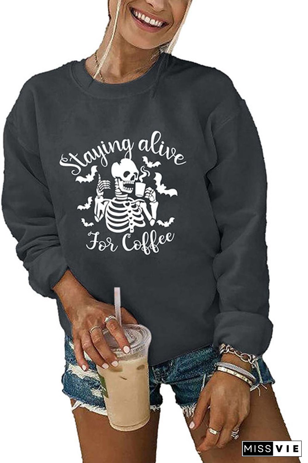 Staying Alive For Coffee Halloween Print O-neck Long Sleeve Sweatshirts Women Wholesale