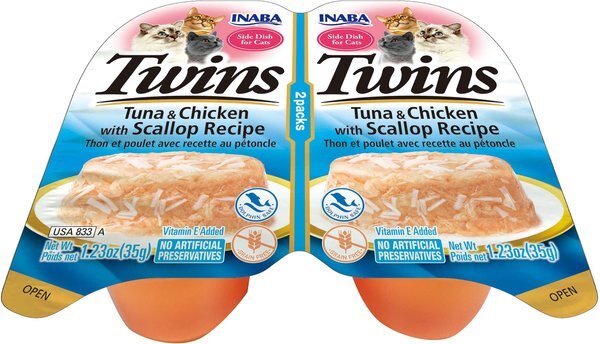 Inaba Twins Tuna and Chicken with Scallop Recipe Grain-Free Cat Food Topper， 1.23-oz， pack of 2