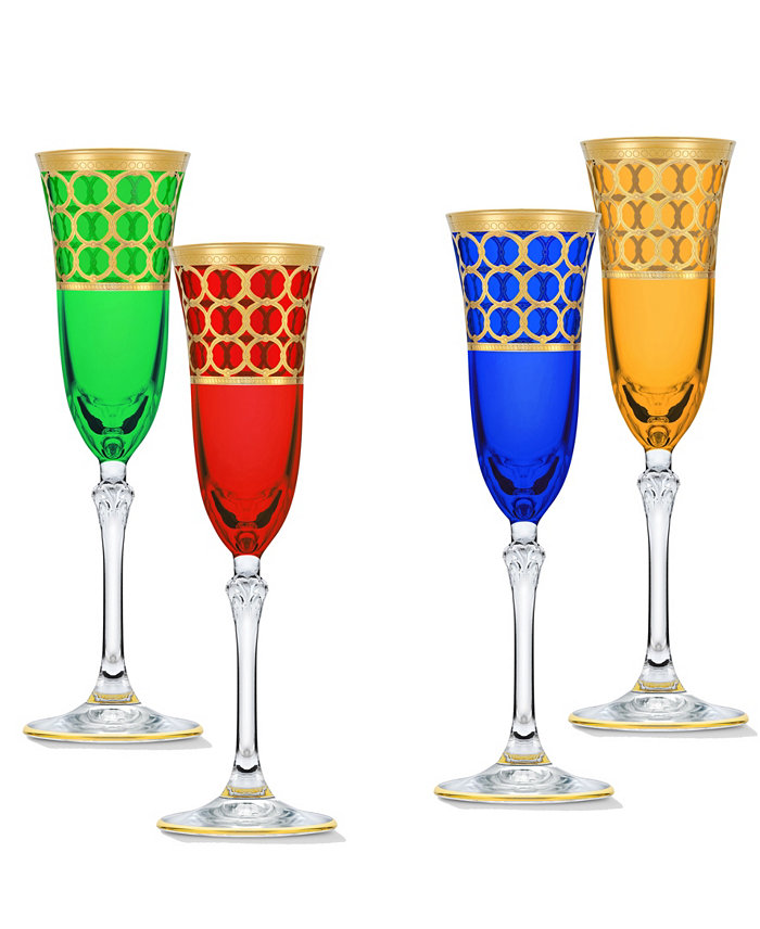 Lorren Home Trends Multicolor Champagne Flutes with Gold-Tone Rings Set of 4