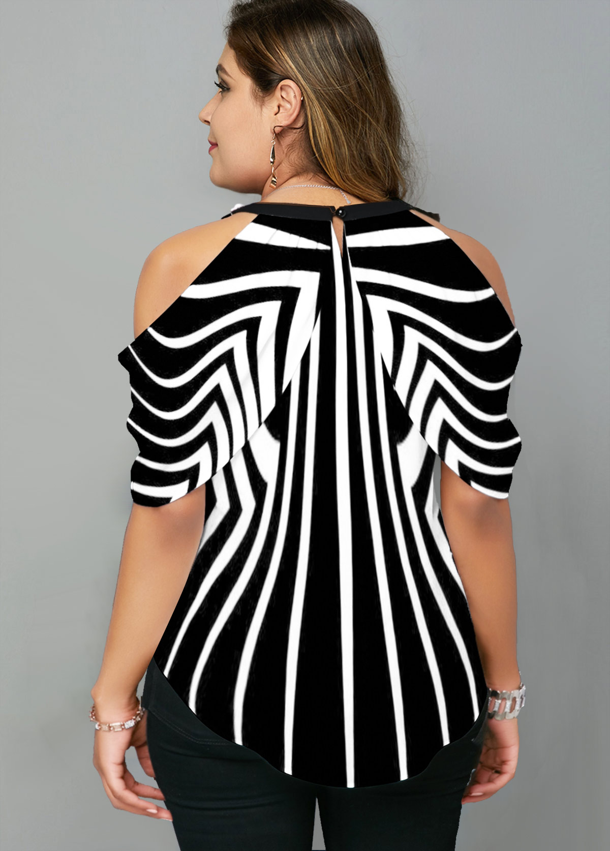 Striped Cold Shoulder Plus Size Blouse