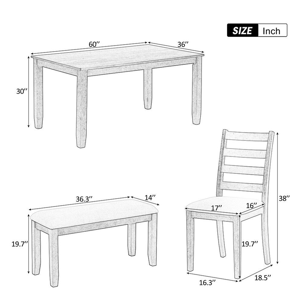 Rectangular 6 Piece Dining Table Set w/Ergonomic Chairs   Bench Brown