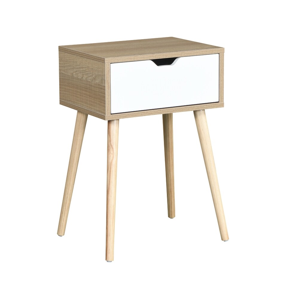 Solid Wood Nightstand Bedside Table Side Table with 1 White Front Drawer and Rubber Wood Splayed Legs Sofa Table Accent Table