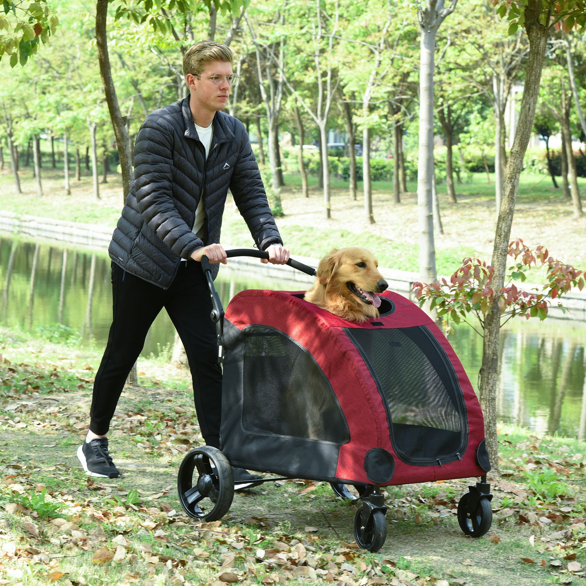 PawHut Pet Stroller Universal Wheel Medium Size Dogs Red