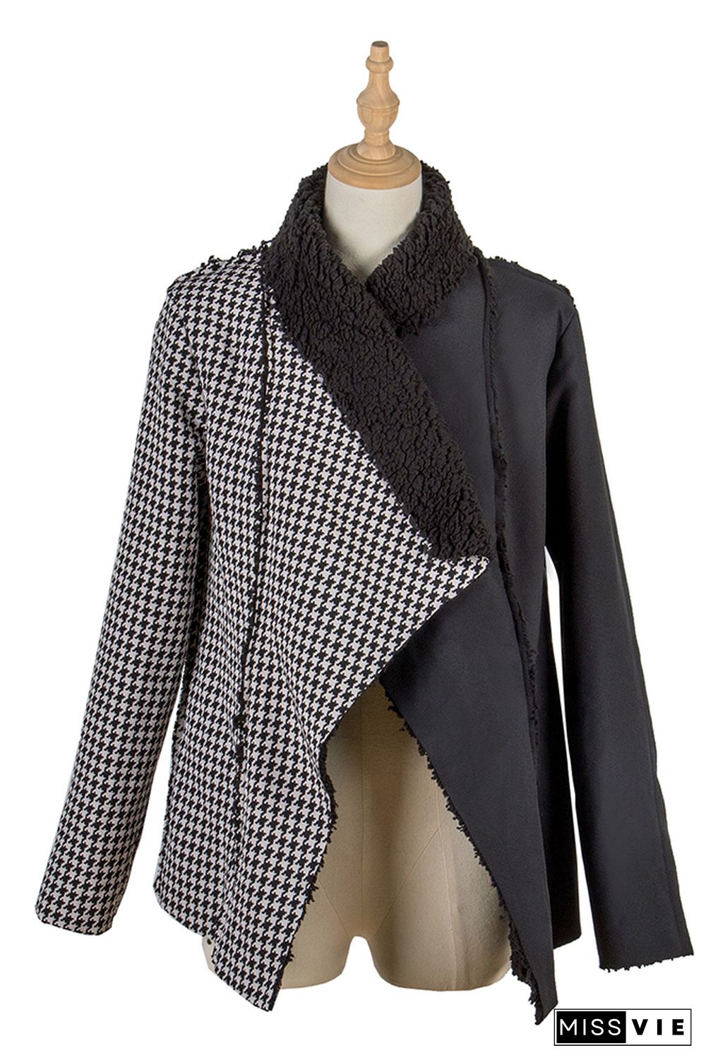 Houndstooth Lapel Collar Color Block Fleece Lining Jackets