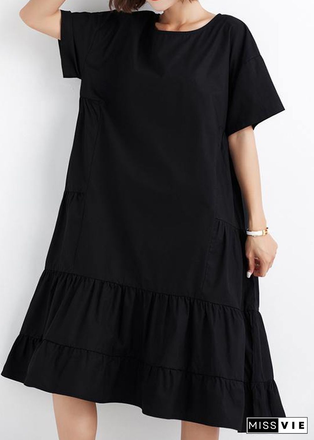 Women black ruffles cotton Wardrobes short sleeve cotton Dresses