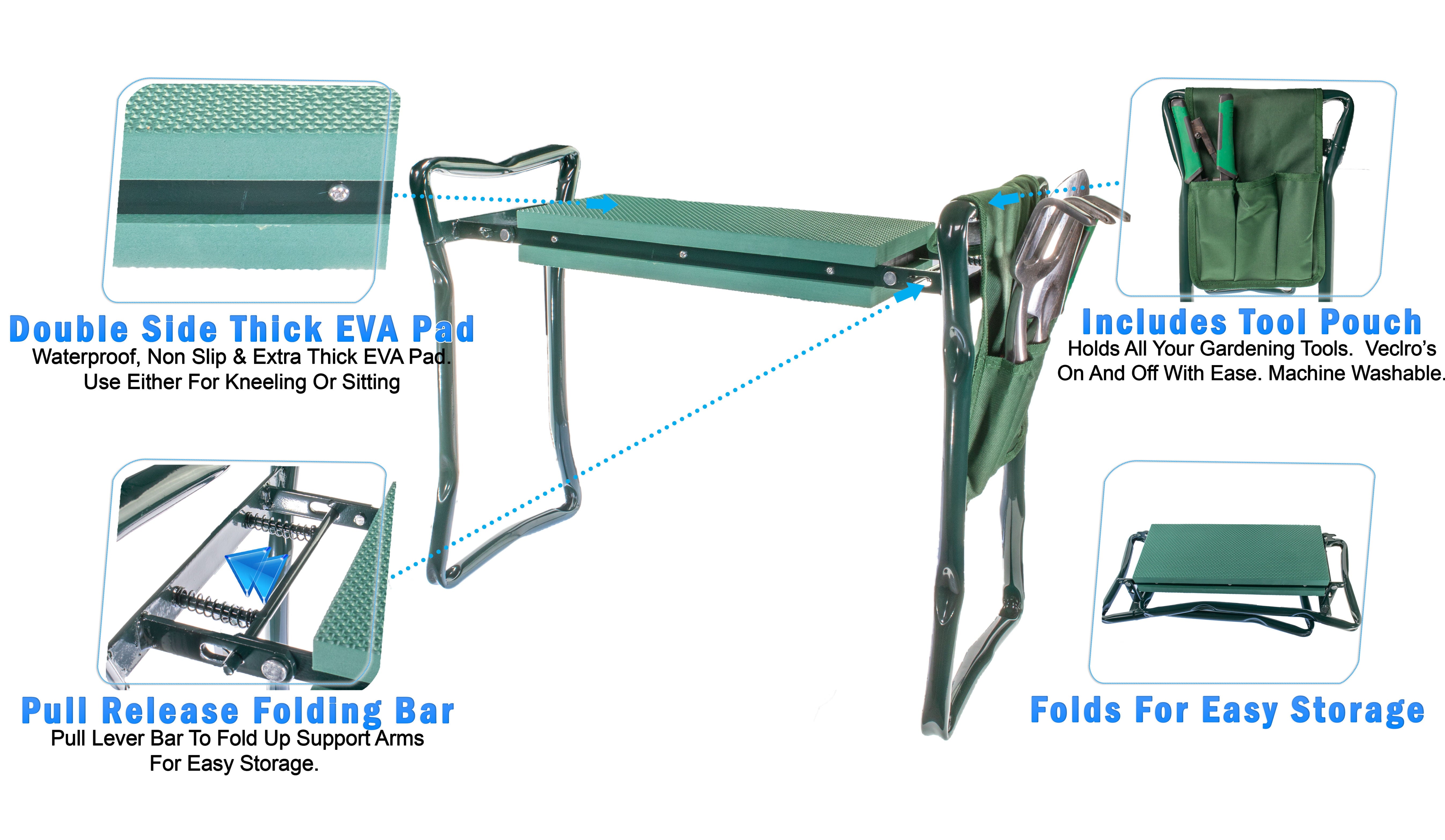 5Star Foldable Garden Kneeler With Handles And Seat - Bonus Tool Pouch - Portable Garden Chair Stool Bench Thick EVA Cushion Pad Perfect For Planting & Weeding (Large - 23.5 x 10.5 x 19", Green)