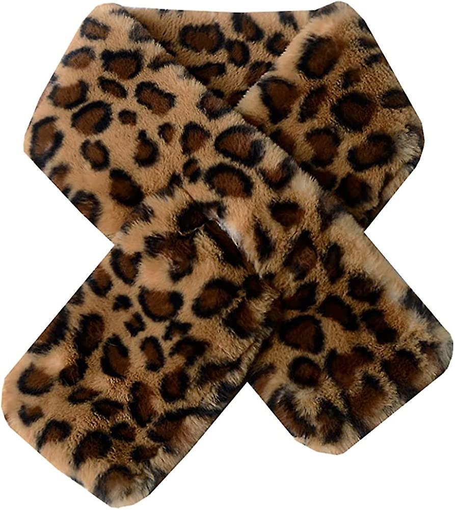 Women's Winter Fall Furry Faux Fur Loophole Scarf Soft Cozy Neck Warmer Wrap Leopard-khaki -