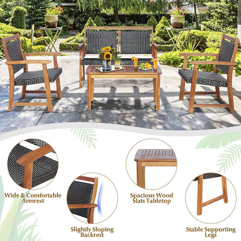 4 Pieces Outdoor Patio Rattan Furniture Sofa Set with Acacia Wood Frame