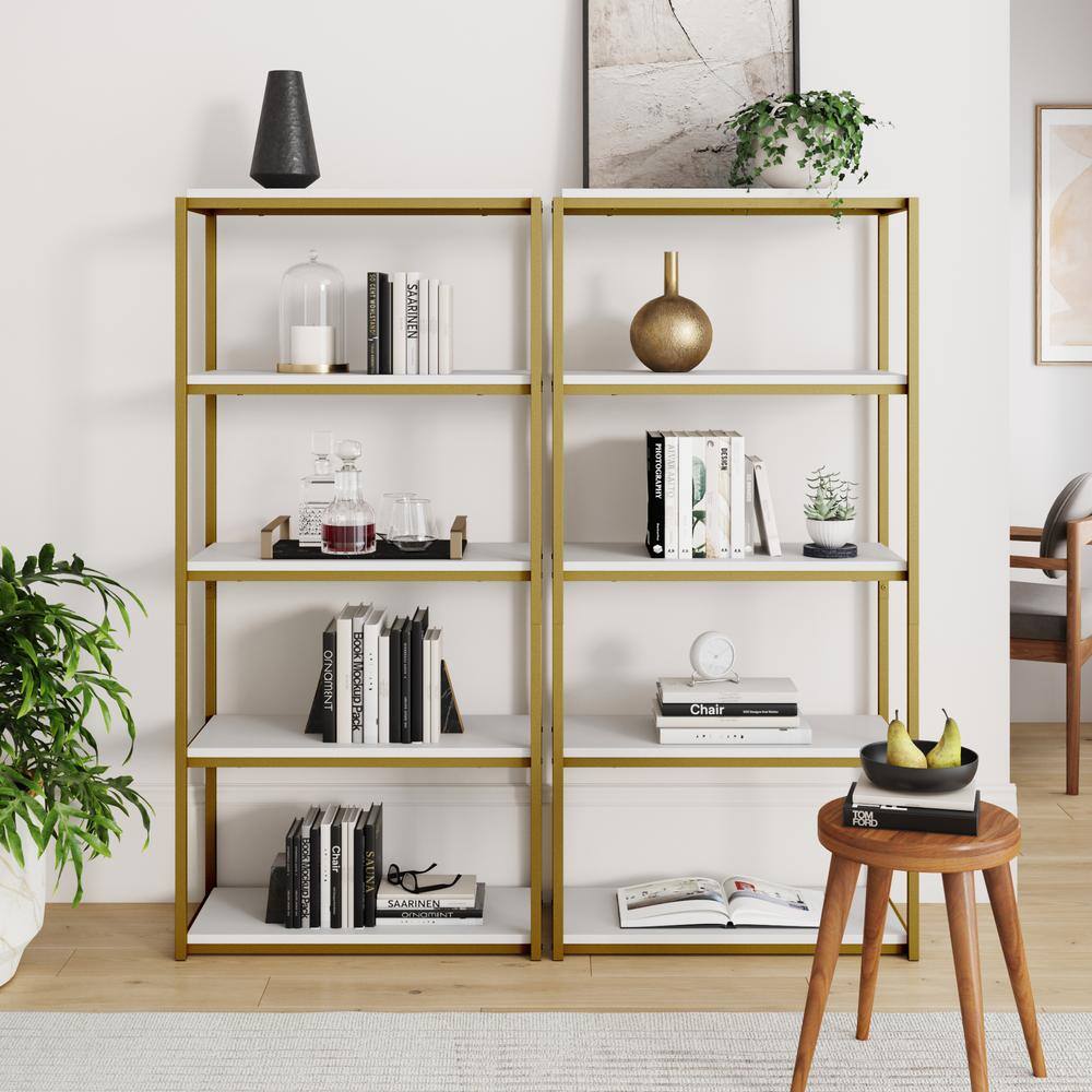 Nathan James Oscar 59 in. WhiteGold Brass Wood and Metal 5-Shelf Modern Etagere Bookcase with Storage Shelves 61102