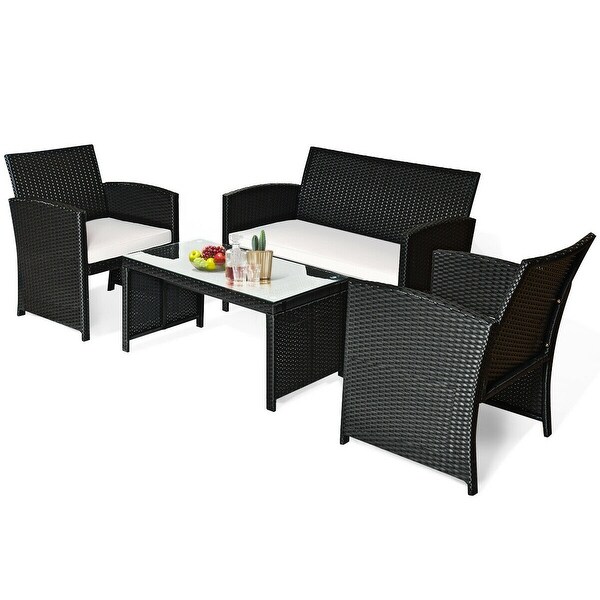 Costway 4PCS Patio Rattan Wicker Furniture Conversation Set Cushioned