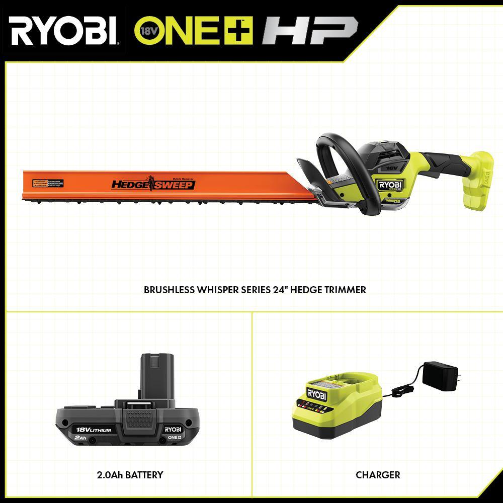 RYOBI ONE+ HP 18V Brushless Whisper Series 24 in. Cordless Hedge Trimmer with 2.0 Ah Battery and Charger P26110