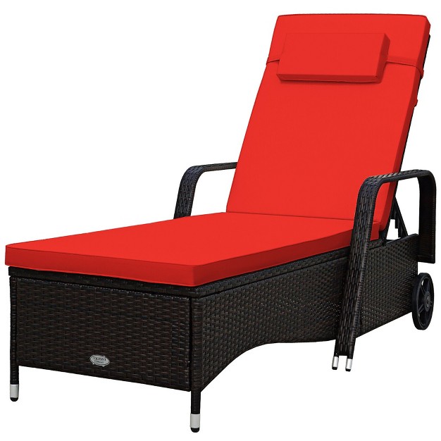 Tangkula Cushioned Outdoor Wicker Lounge Chair W Wheel Adjustable Backrest Red amp Off White