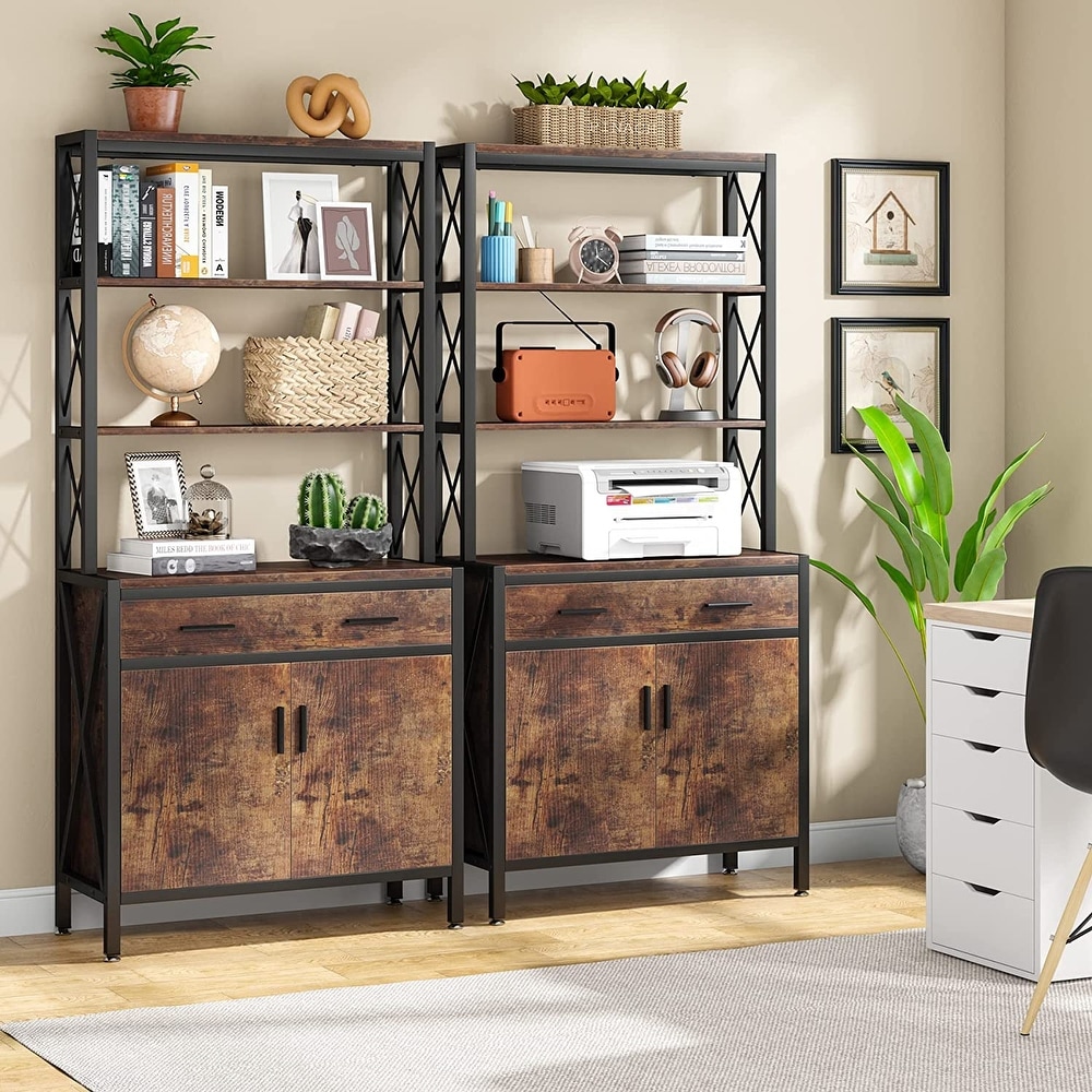 Bookshelf with Drawer  4 Tier Bookcase with Doors  Tall Industrial Book Shelves Storage Cabinet Display Rack