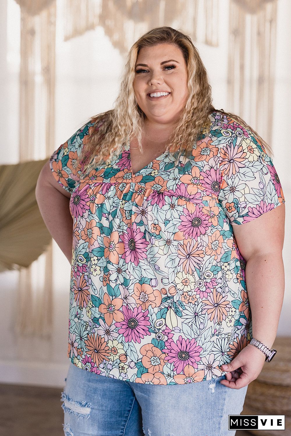 Multicolor Plus Size Summer Floral Print V Neck Blouse