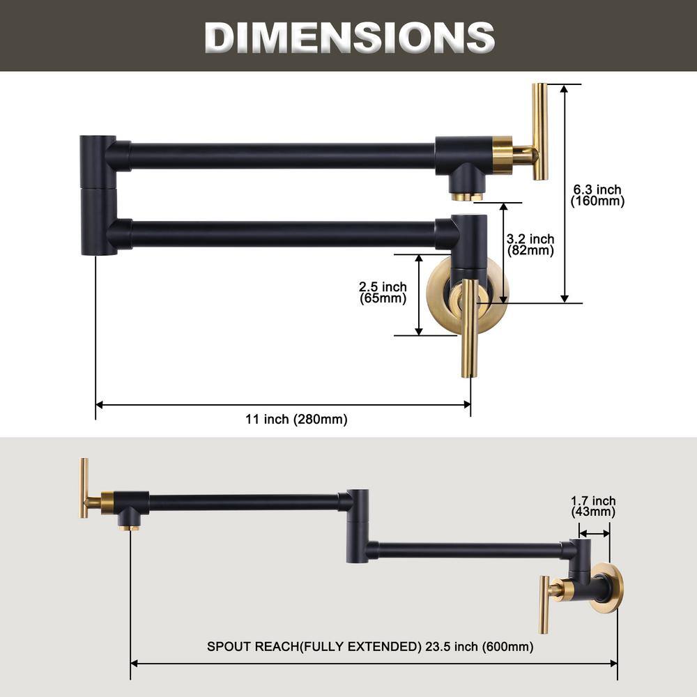 IVIGA Contemporary Wall Mounted Pot Filler with 2 Handles in Gold  Black VSK12GB