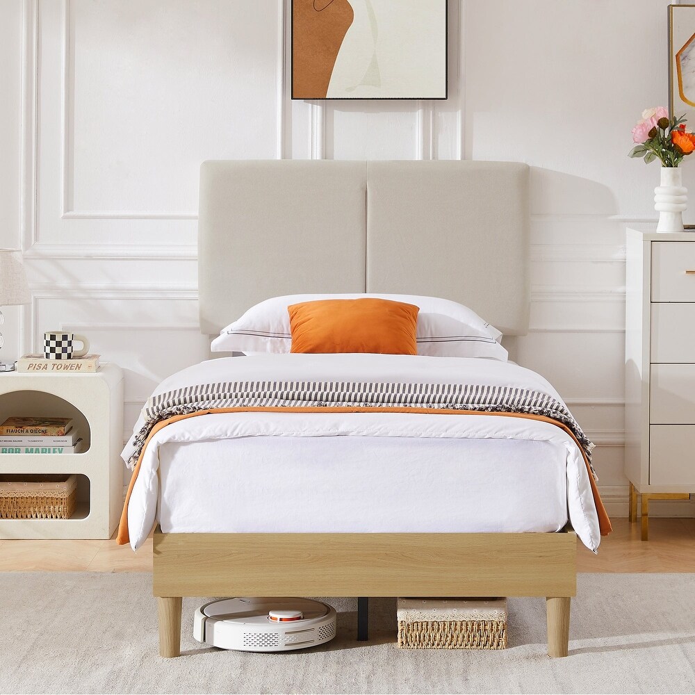 Javlergo Upholstered Bed Frame with Linen Fabric Adjustable Headboard  Strong Wood Slats Supports  No Box Spring Needed