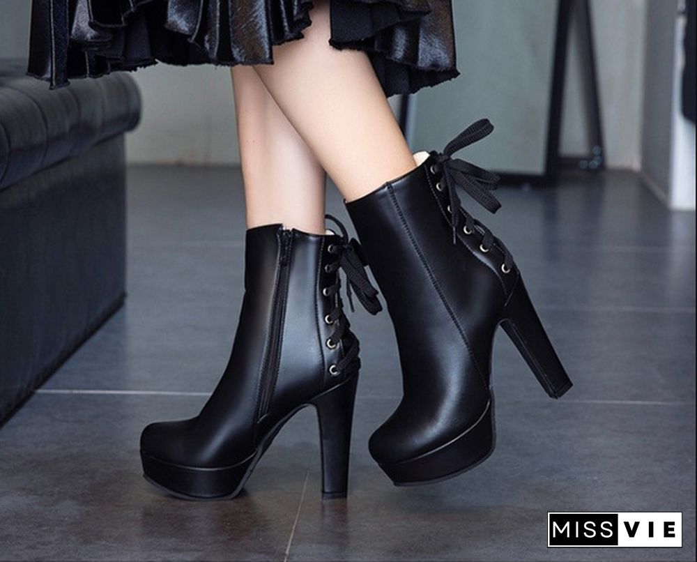 New Women Winter Boots Ladies Fashion Platform High Heel Back Lace Up Zipper Martin Ankle Boots Short Boots Botas Plus Size 34-50