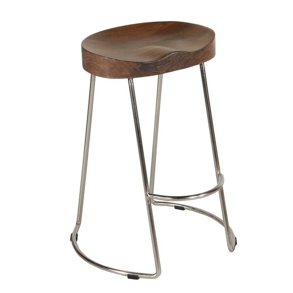 Farmhouse Counter Height Barstool with Wooden Saddle Seat and Tubular Frame， Small