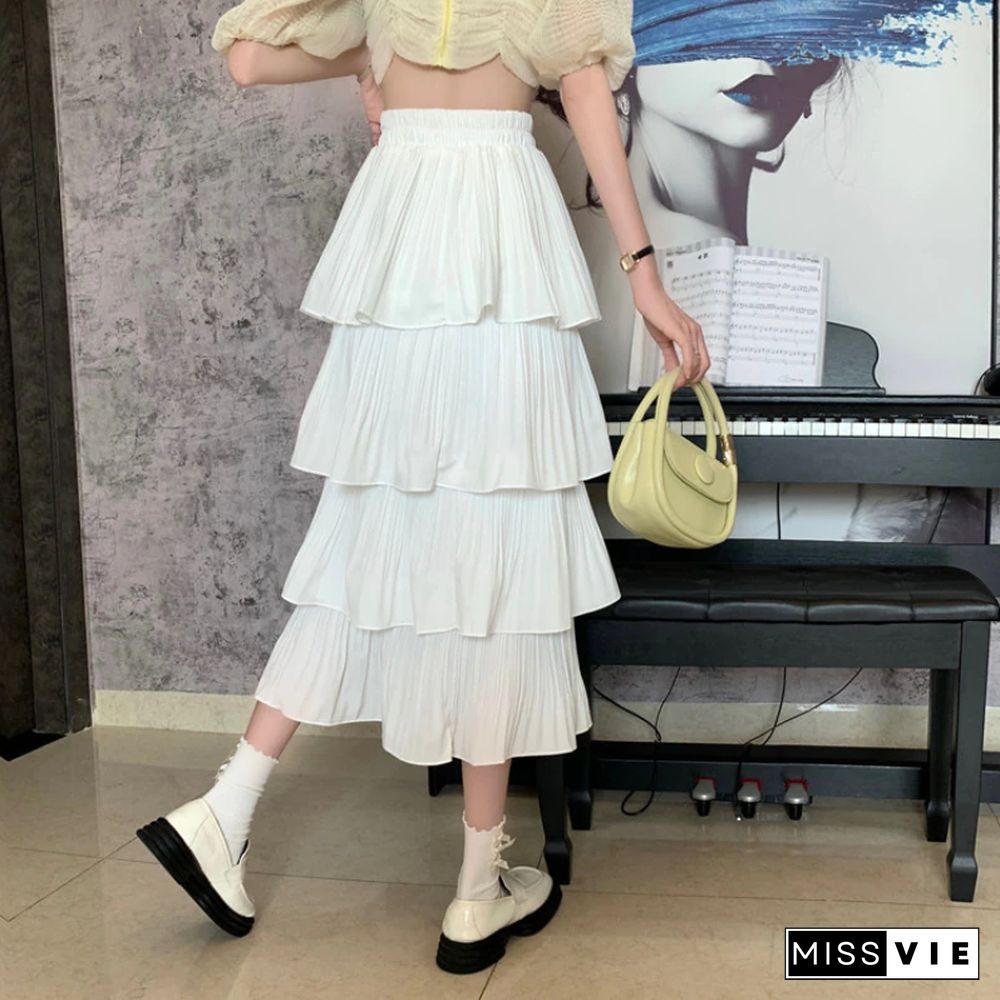 Korean Version Pleated Ruffled Black Skrit Women Summer New Half Body A-line High Waist Layered Cake Skirt Faldas Mujer