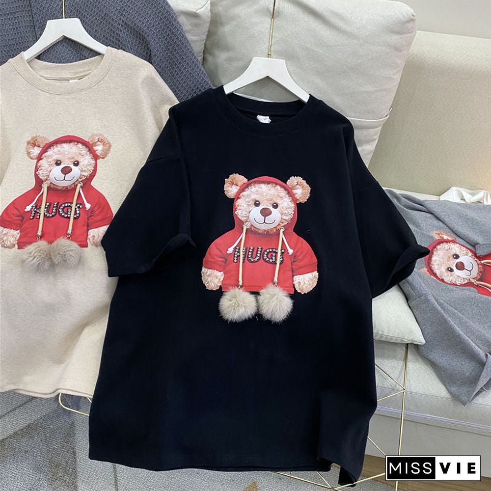 Harajuku Fur Ball Tshirt Summer Women Cotton Half Sleeve Round Neck T-Shirts Korean Style Kawaii Cute Bear Female Clothes Tops