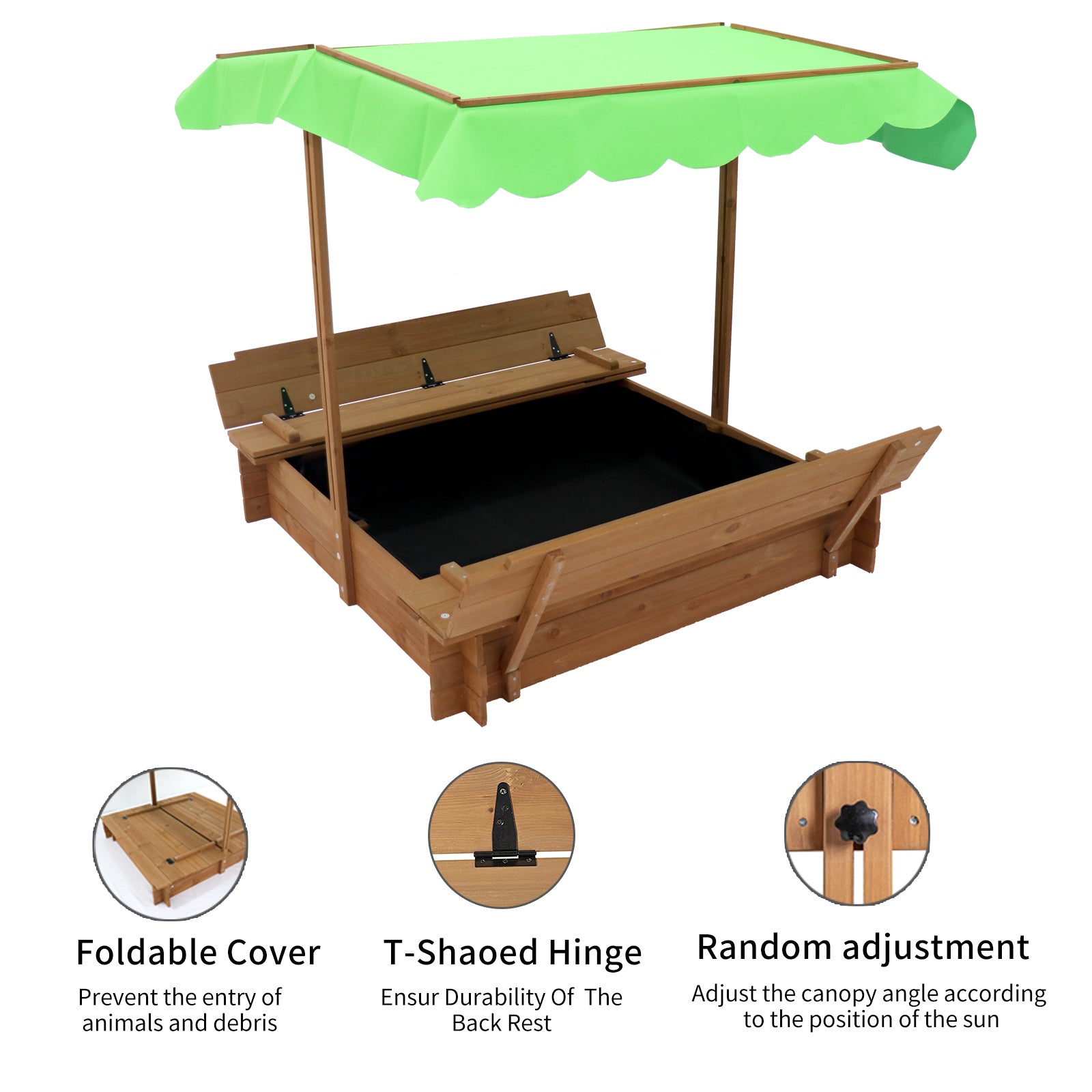 iRerts Kids Sandbox with Cover， Wooden Sandbox Children Outdoor Sand Play Station， Outdoor Sandbox with Foldable Bench Seats， and Adjustable Canopy， Sand Pit for Beach Patio Backyard Garden， Green