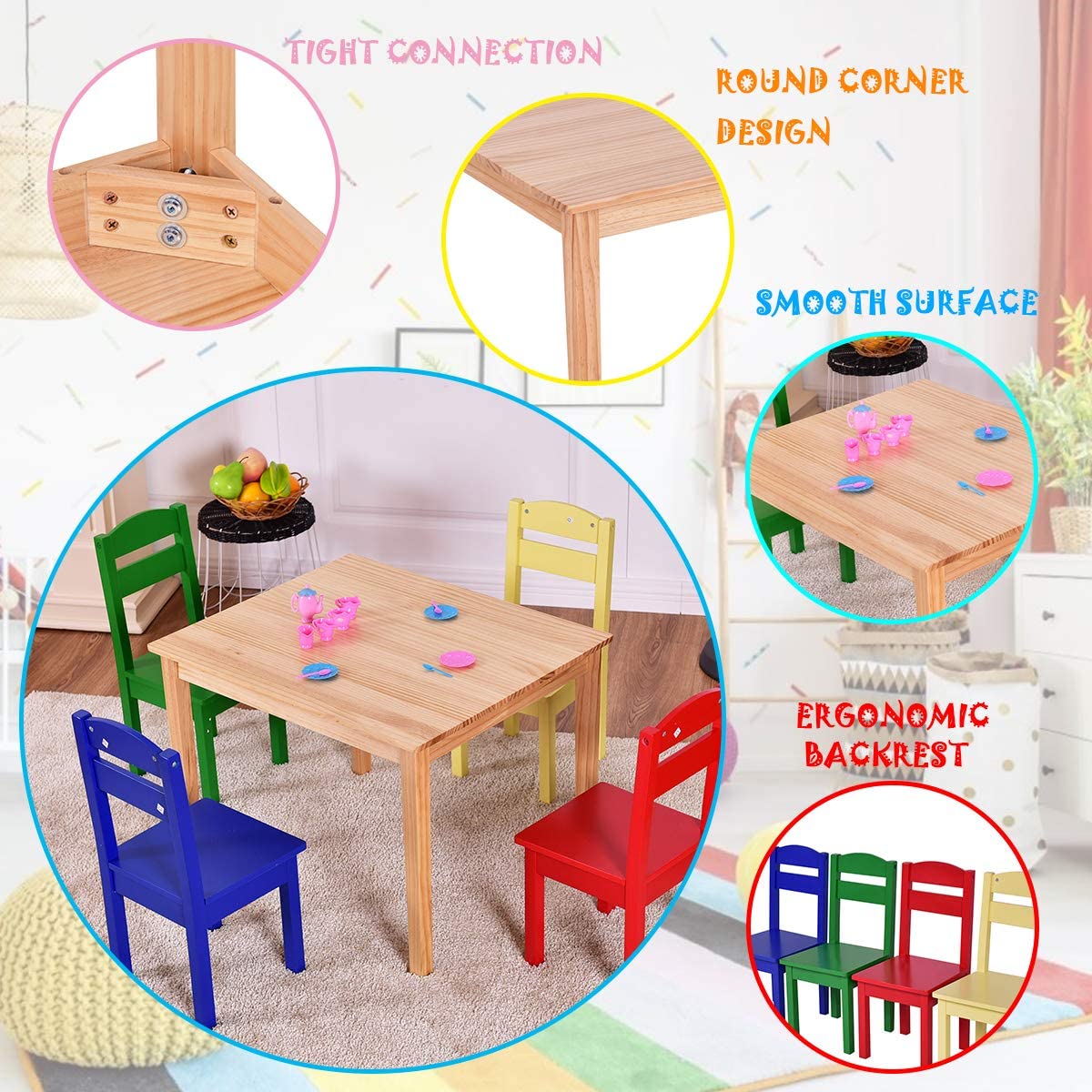 Kids Table and Chair Set, 5 Piece Wood Activity Table & Chairs for Children Arts Crafts