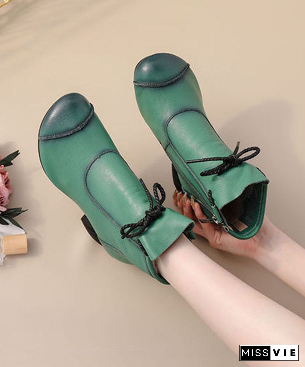 Green Boots Chunky Heel Cowhide Leather Unique Splicing Boots