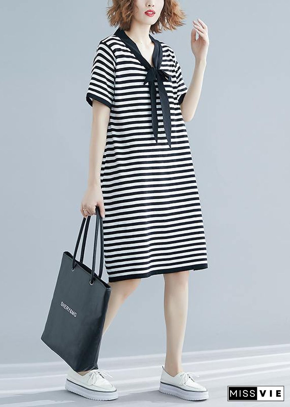 Beautiful Black White Narrow Striped Short Sleeve Summer Cotton Dress