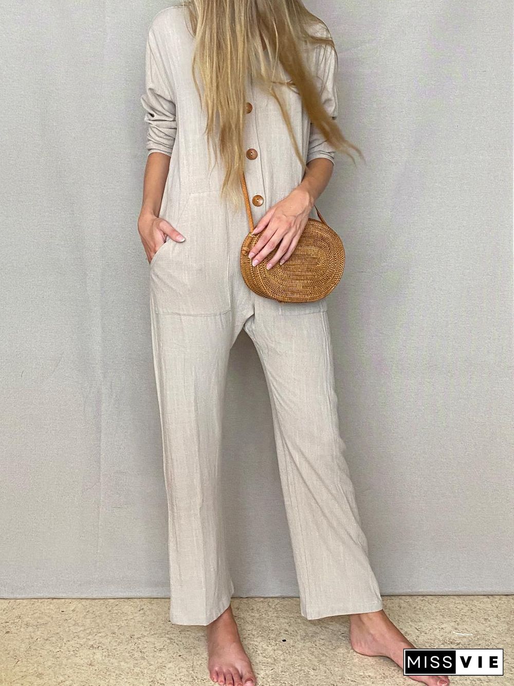 Casual Plain Long Sleeve Jumpsuit & Romper