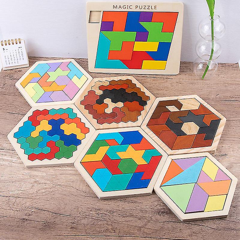 Wooden Puzzle Blocks， Geometric Tangrams， Brain Teasers， Puzzle Puzzle Toys