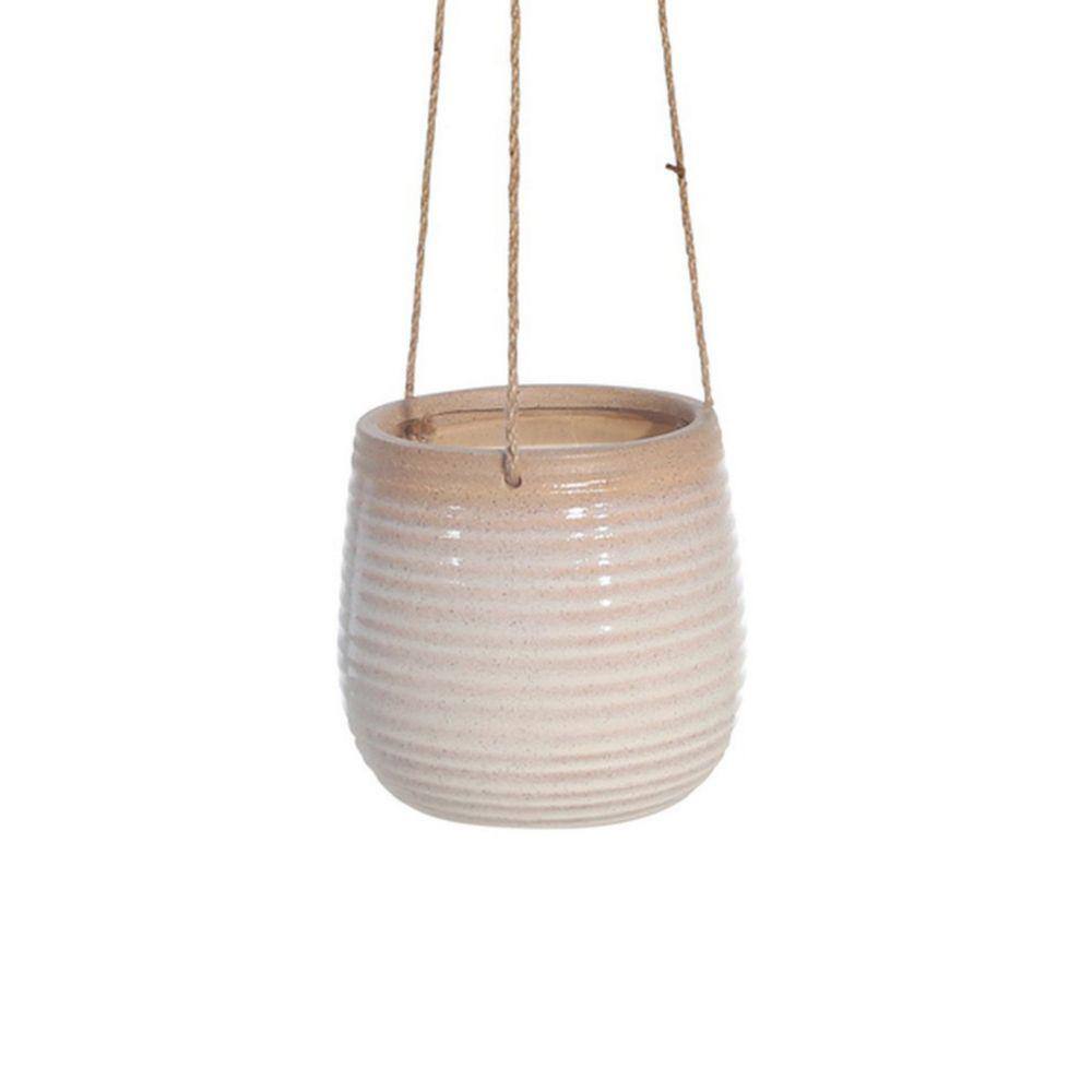 Benjara 7 in. x 6.5 in. Beige Hanging Planter with Ceramic Body and Textured Details BM263810