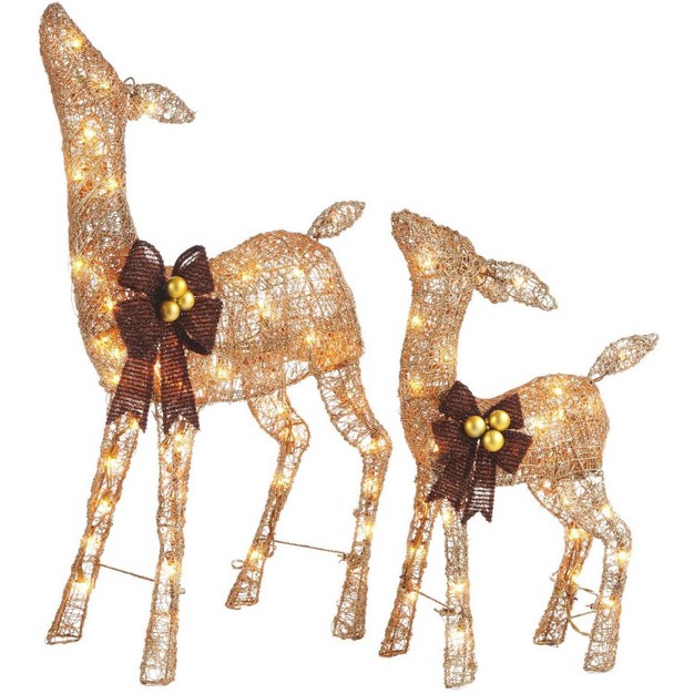 Noma 3 Ft Pre Lit Led Light Up Warm Incandescent Golden Glitter Doe And Fawn Outdoor Or Indoor Holiday Lawn Decoration Set Gold With Red Bows