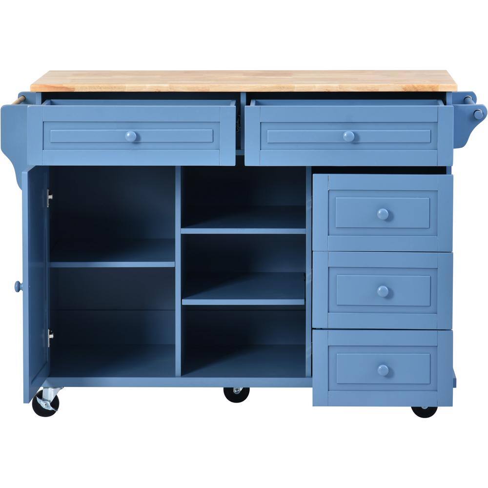 Blue Rubber Wood Desktop 53 in. W Kitchen Island on 5-Wheels with Storage and 5-Drawers MMuunea-01