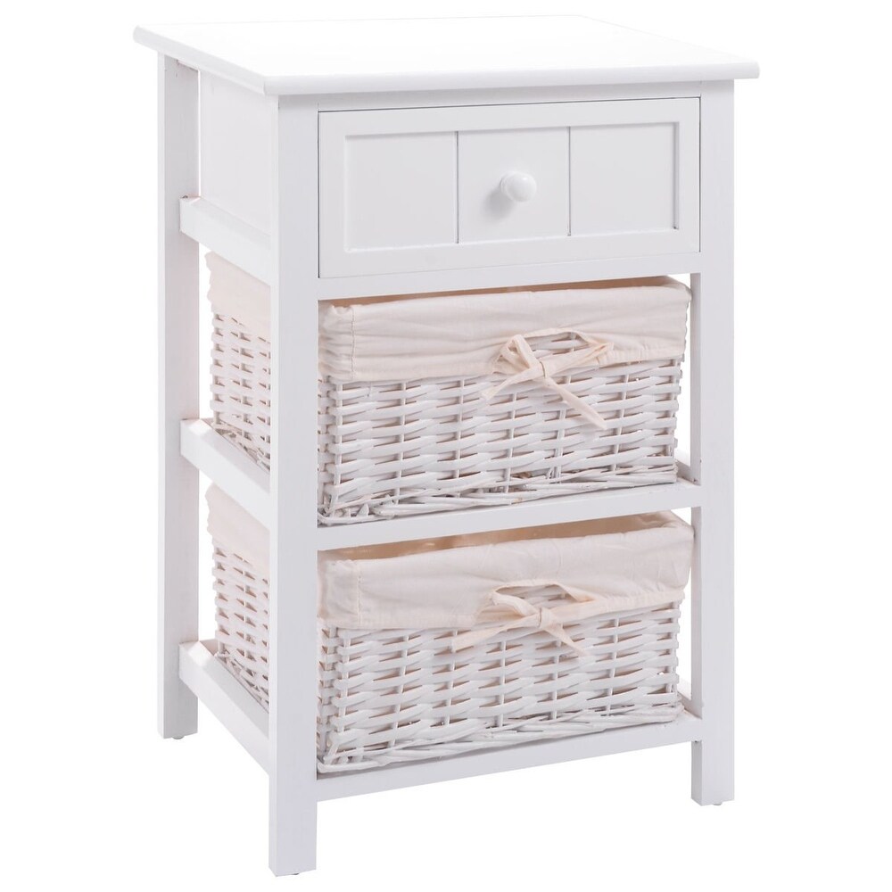 Nightstand with Drawers Wooden  W/ 2 Storage Baskets and Open Shelf for Bedroom  Bedside Sofa End Table (1  White)