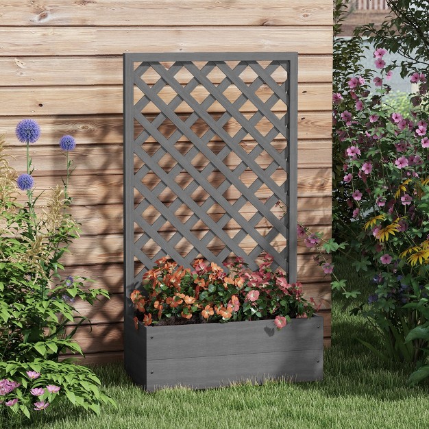 Outsunny Raised Garden Bed W/ Trellis Lattice， Drainage Gap， Freestanding Trellis Planter For Climbing Plants， Vines， Flowers， Dark Gray