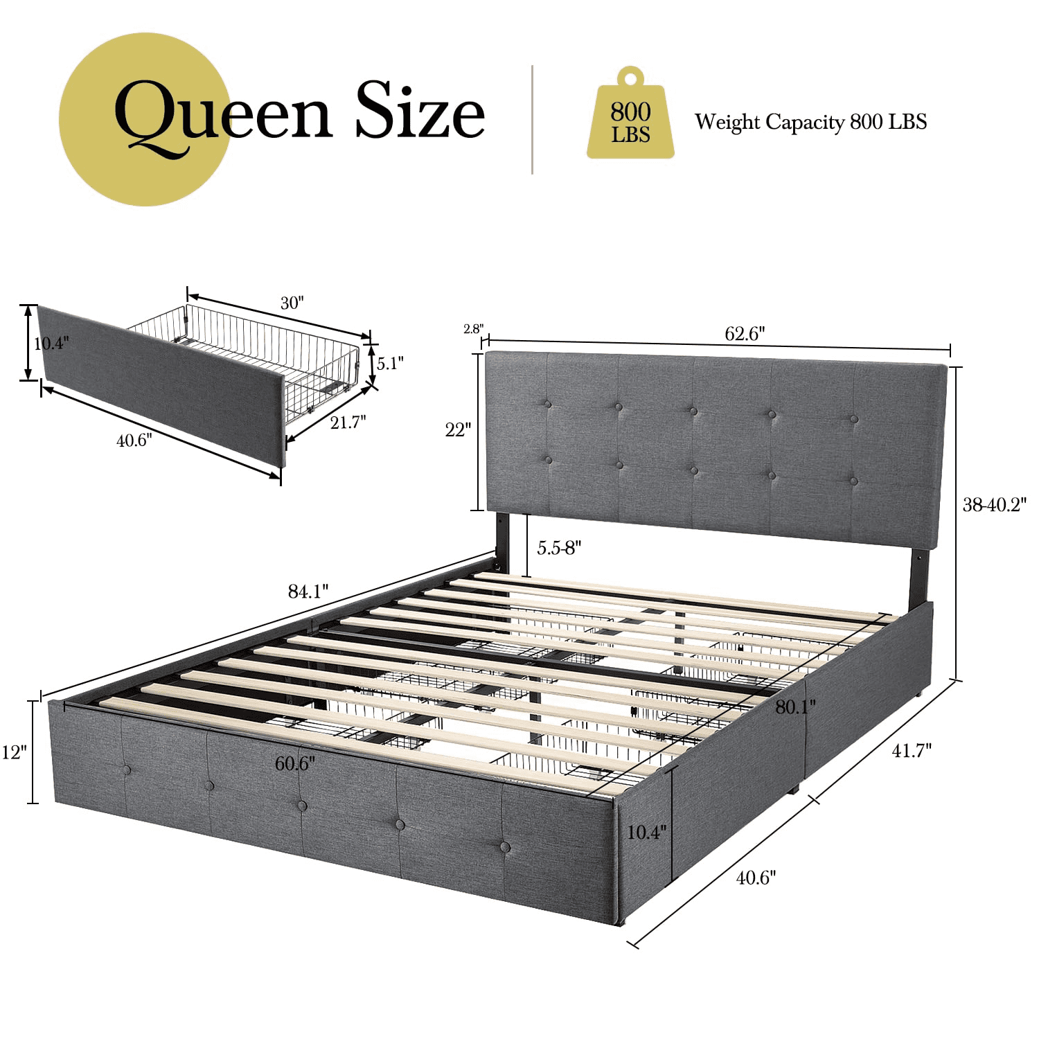 Einfach Queen Size Storage Bed Frame with 4 Big Drawers, Square Button Tufted Adjustable Headboard, Dark Grey