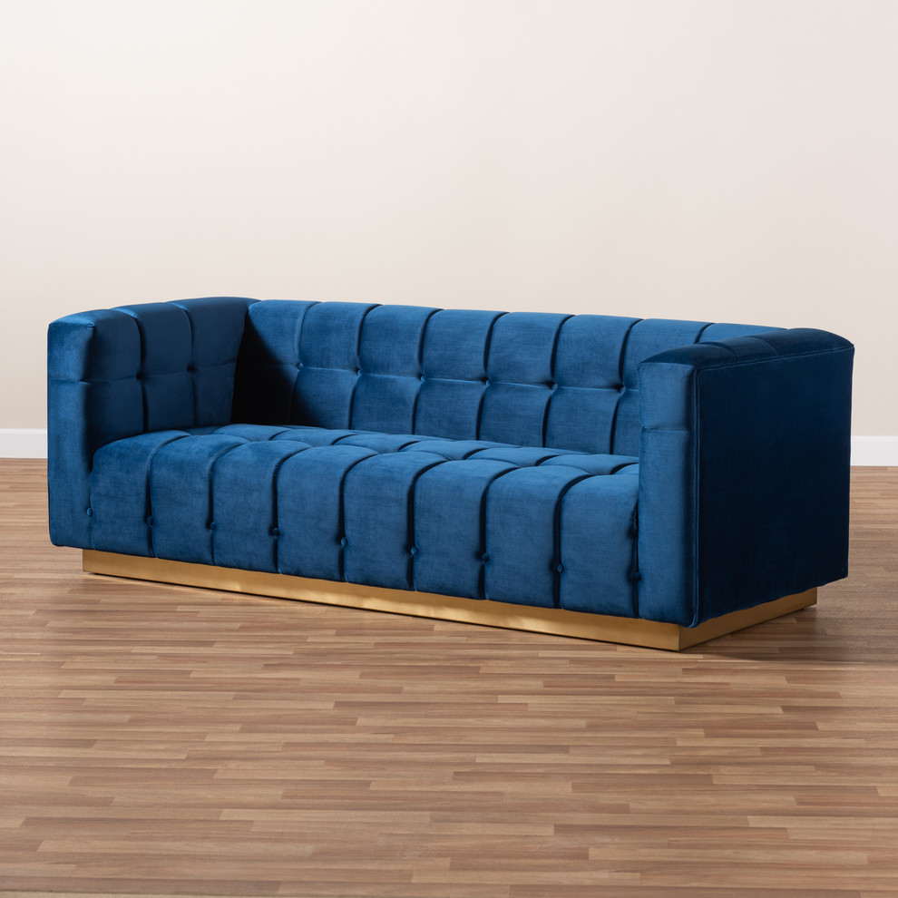 Joetta Glam and Luxe Navy Blue Velvet Fabric Upholstered Brushed Gold Sofa   Contemporary   Sofas   by Baxton Studio  Houzz