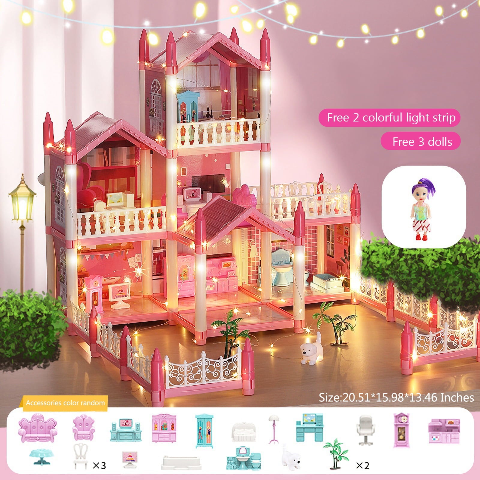 Kyoryuger Doll Houses For Girl For Barbie，Dollhouse Girls Toys Castles Big Barbie Dream Doll House，With Lights And Dolls，Assembly Required