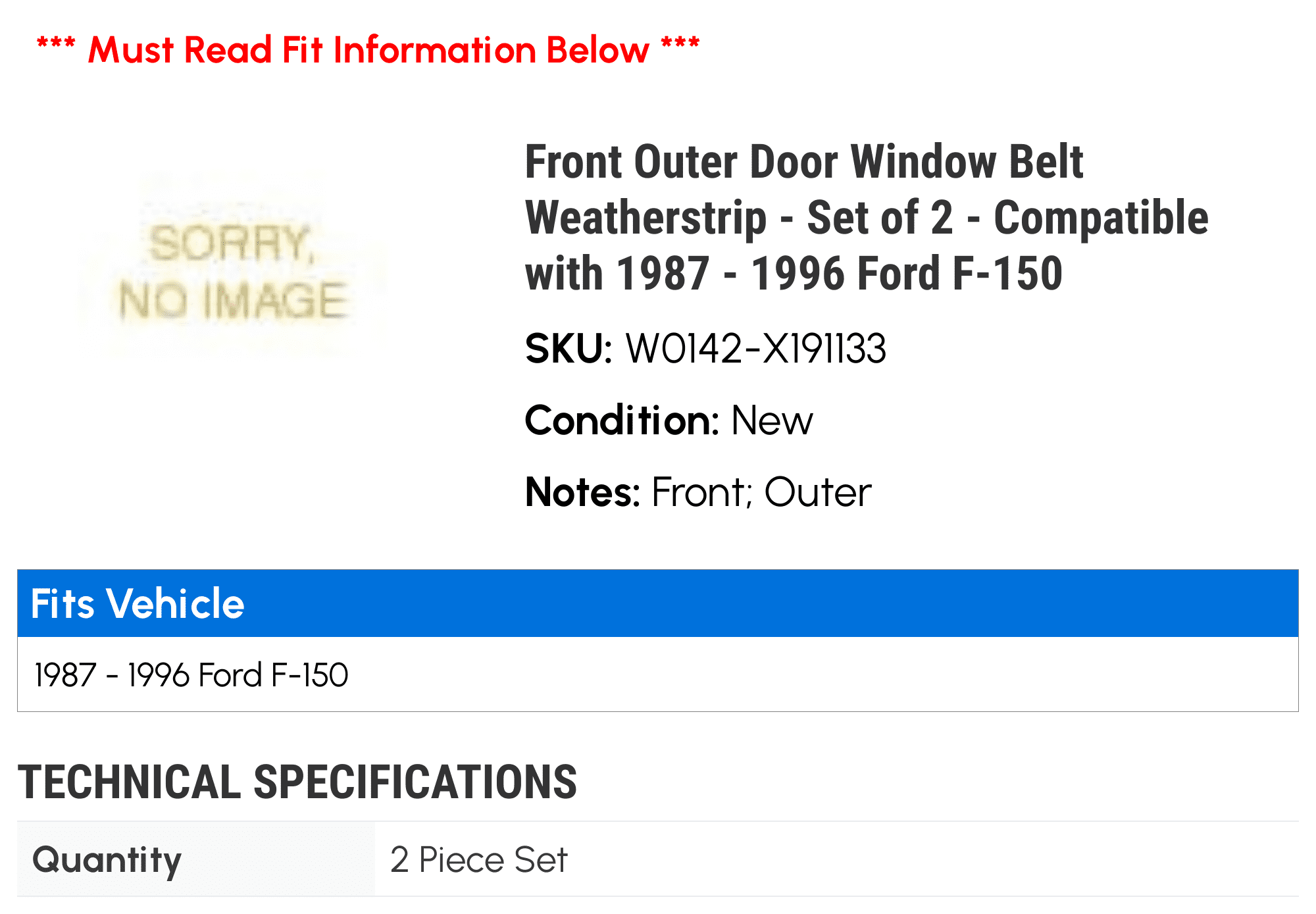 Front Outer Door Window Belt Weatherstrip - Set of 2 - Compatible with 1987 - 1996 Ford F-150 1988 1989 1990 1991 1992 1993 1994 1995