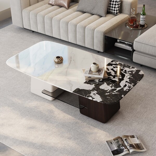 Modern Coffee Table with White and Black Top and Dark Brown and White Lacquered Legs