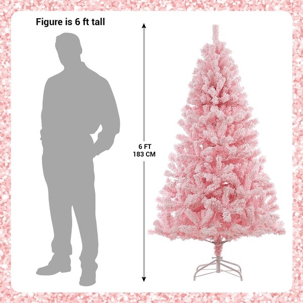 6Ft Prelit Pink Artificial Christmas Tree，Snow Flocked Faux Xmas Pine Tree with 250 Multi Color LED Lights