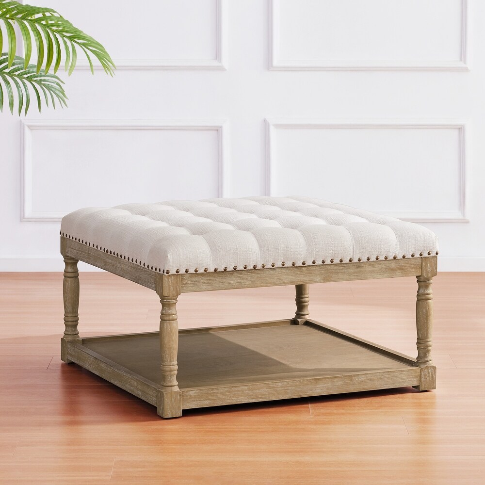 Tufted Textile Shelved Ottoman Table Brown/ Beige/ Light Blue