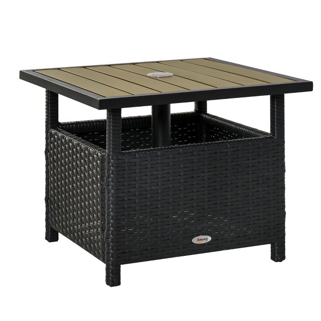 Outsunny 22 x27 x27 Rattan Wicker Side Table With Steel Frame Umbrella Insert Hole Sand Bag For Outdoor Patio Garden Backyard