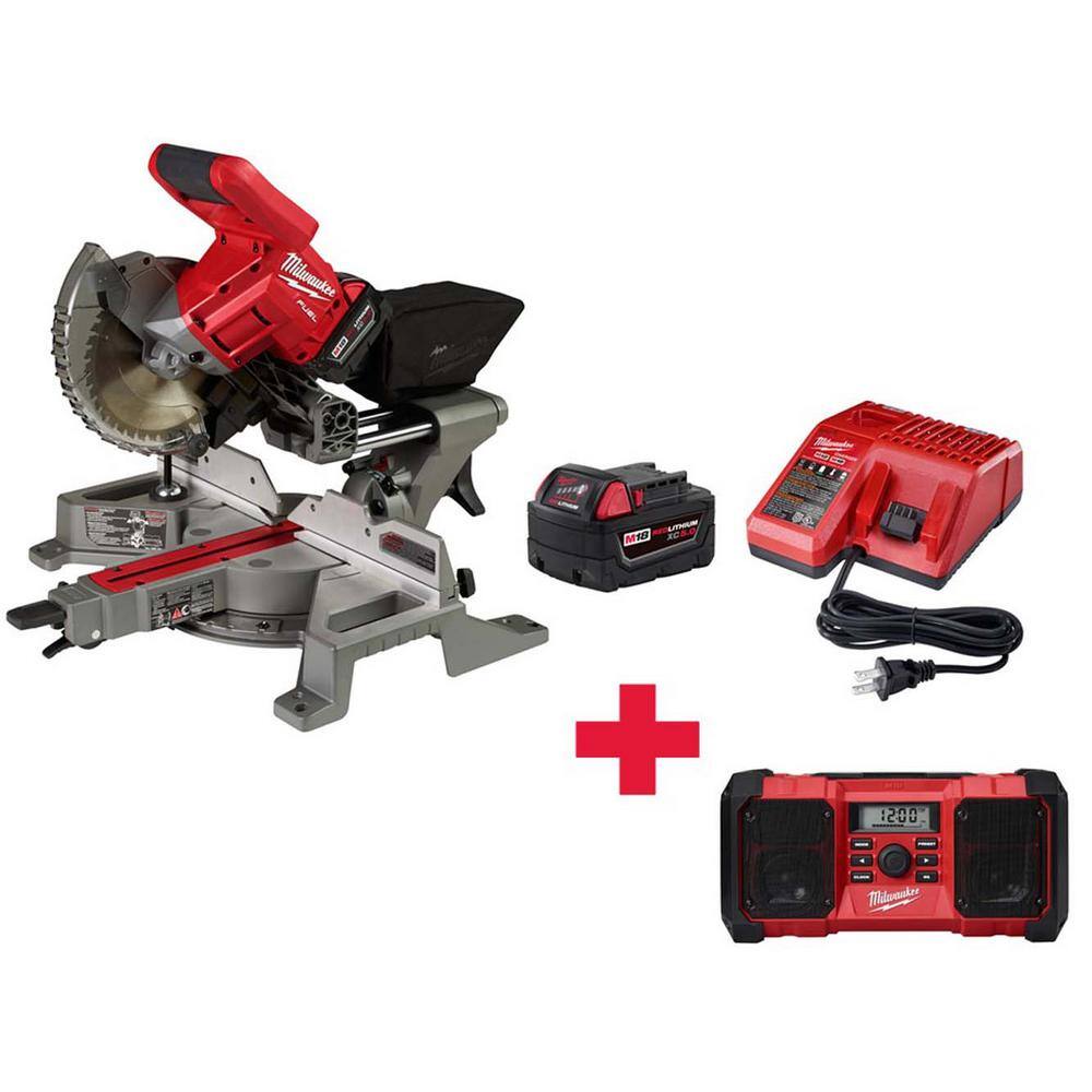 MW M18 FUEL 18V Lithium-Ion Brushless Cordless 7-14 in. Dual Bevel Sliding Compound Miter Saw Kit W M18 Radio 2733-21-2890-20