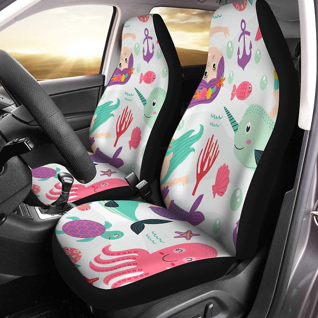 Set Of 2 Car Seat Covers Cartoon Creative Stitching Picture Life Dolphin Turtle Universal Auto Front Seats Protector Fits