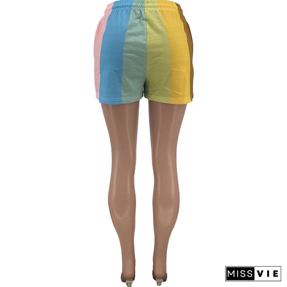 Women Clothing Casual Rainbow Striped Print Summer Sportswear Drawstring Loose Mid Waist Shorts